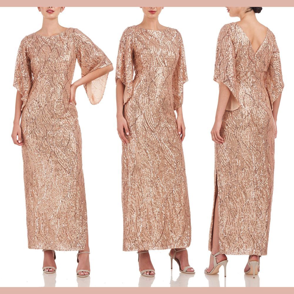 NEW $298 JS Collections [ 8 ] Lorelei Sequin‎ Column Gown in Warm Gold